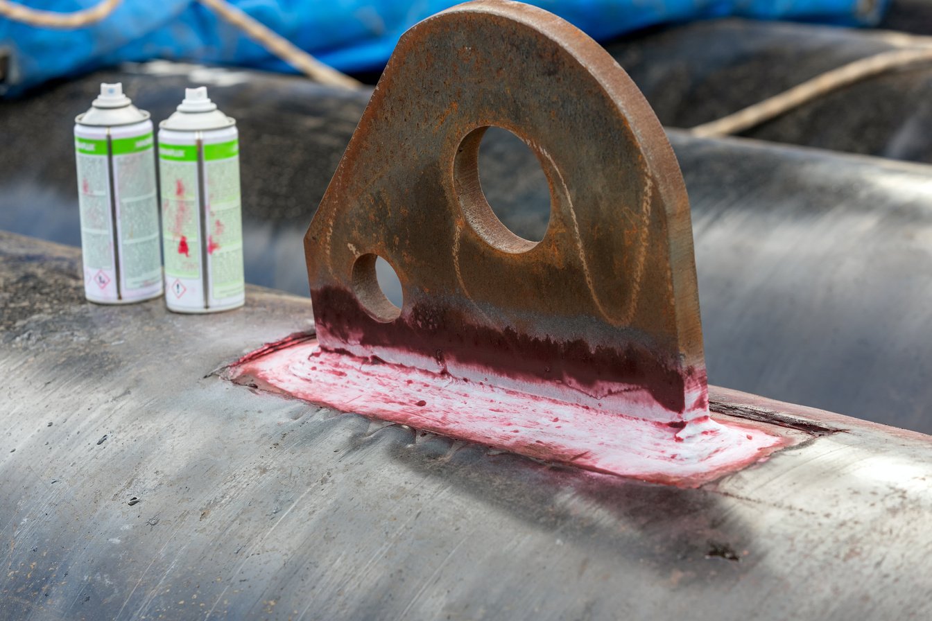 View of the dye penetrant inspection, also called liquid penetrate inspection or penetrant testing (PT). It is a widely applied and low-cost inspection method used to check surface-breaking defects.